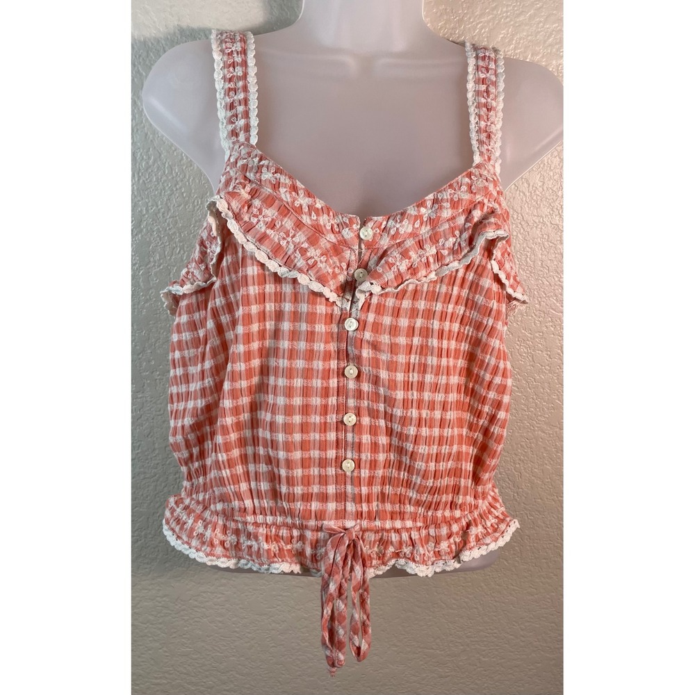 American Eagle Womens M Tank Top Coral Gingham Lace Trim Ruffle Smocked Boho